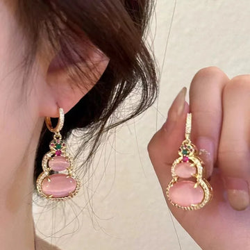 DAIIIBABYYY  -  New Chinese Traditional Pink Jade Gourd Shape Drop Earrings Women Ear Buckle Style Rhinestone Earring Wedding Jewelry
